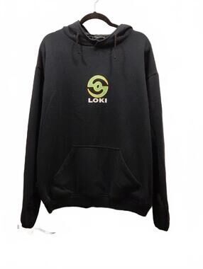 "Loki" Sz.L Black Hoodie with Green & Yellow Logo. 100%Cotton 26in p2p,28in long